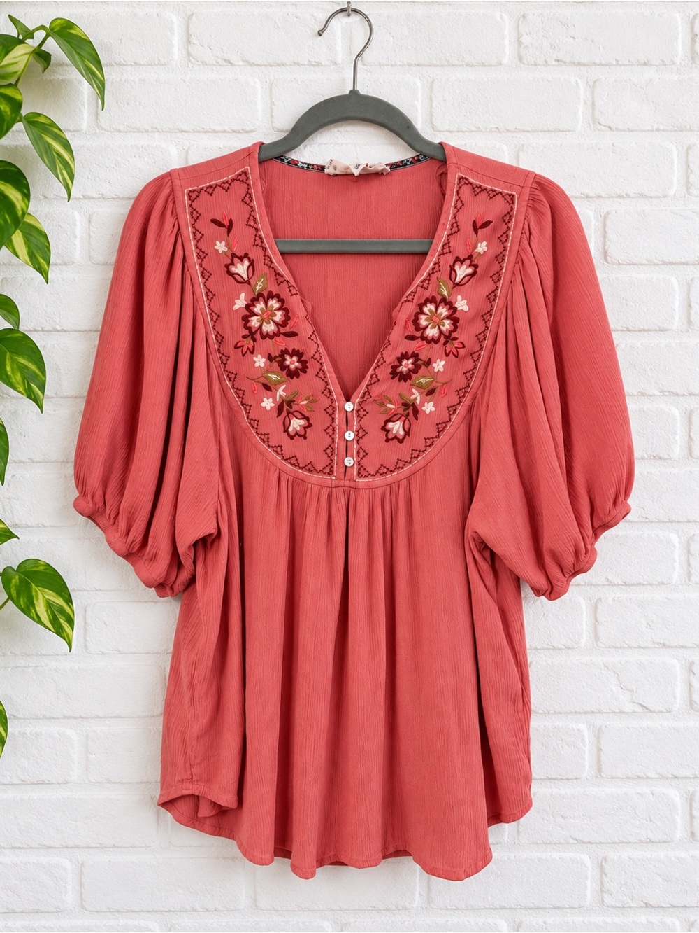 Coral Floral Embroidered Boho Peasant Blouse Puff Sleeve Top V Neck